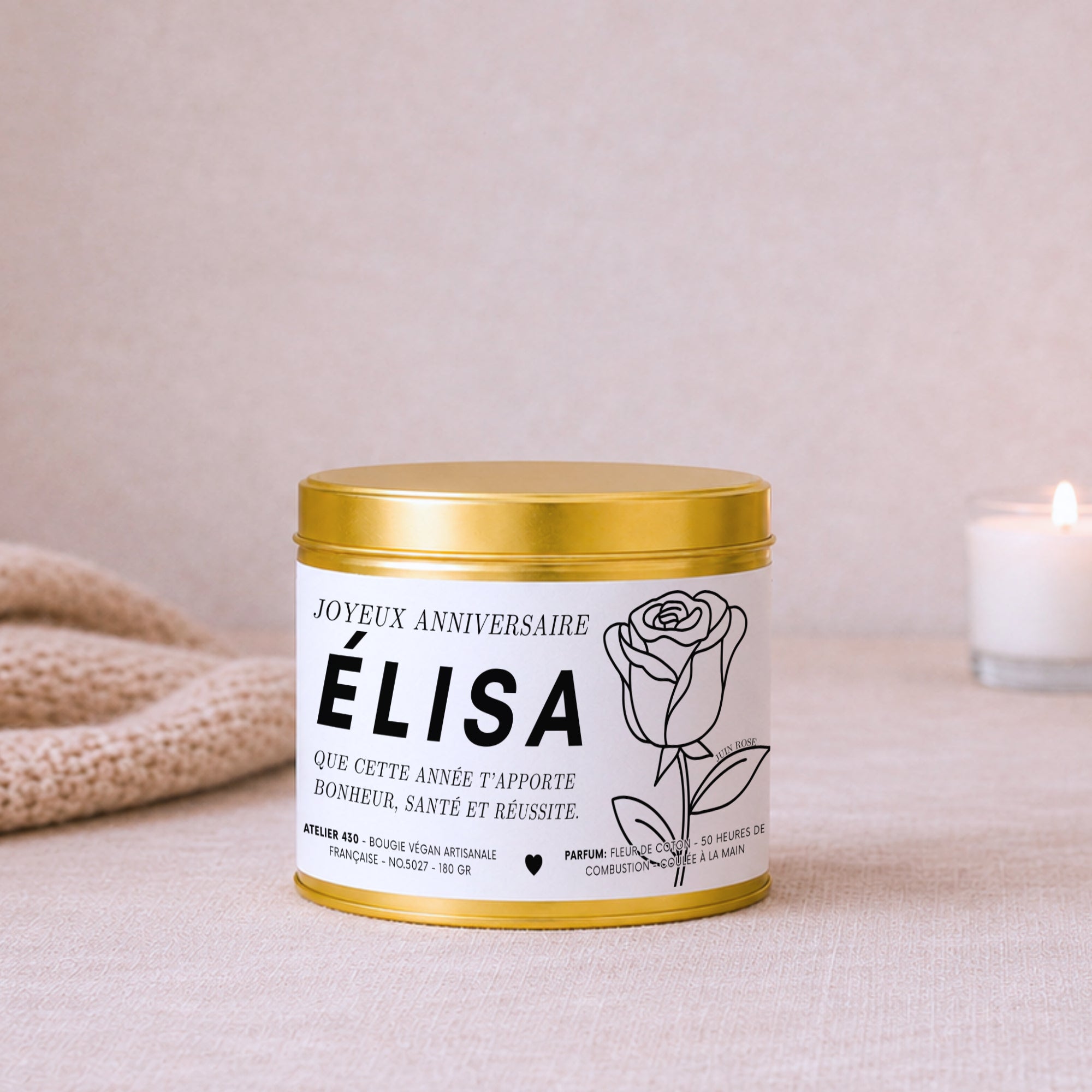 Bougie anniversaire avec rose, fleur de naissance de juin – Boîte or – Atelier 430