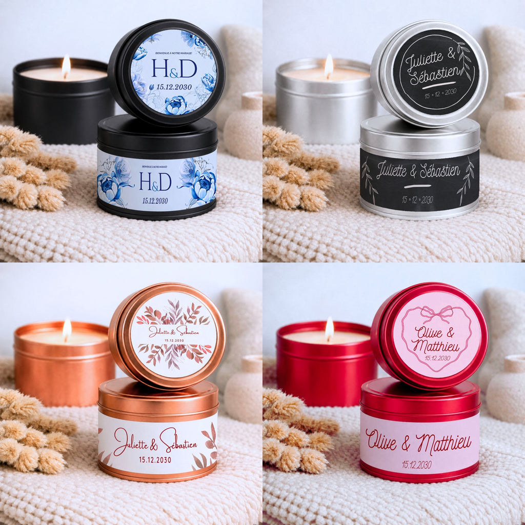 Bougies personnalisées artisanales avec contenants noir, cuivre, or, or rose et rouge pour mariage, baptême, anniversaire et événements, fête, EVJF – Atelier 430