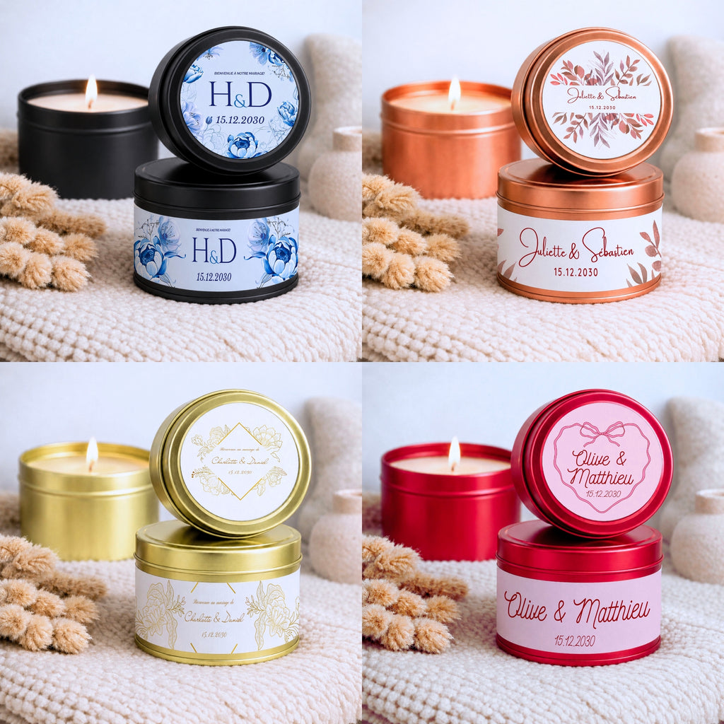 Bougies personnalisées artisanales avec contenants noir, cuivre, or, or rose et rouge pour mariage, baptême, anniversaire et événements, fête, EVJF – Atelier 430