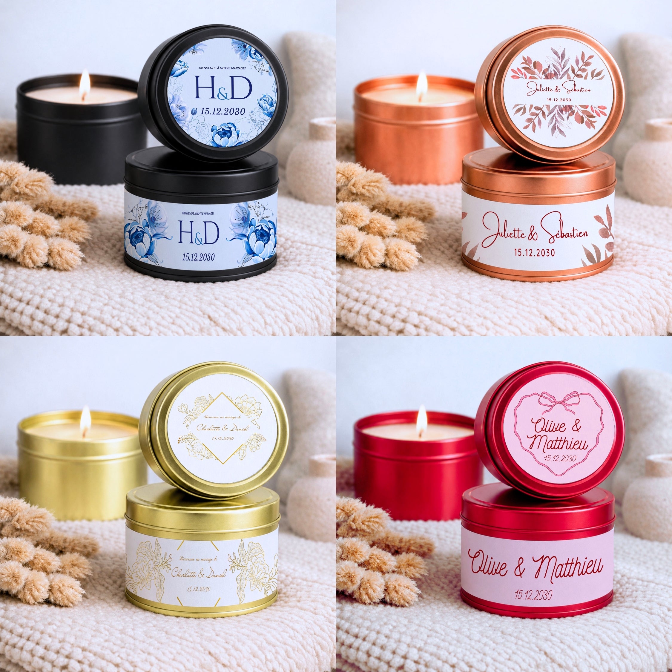 Bougies personnalisées artisanales avec contenants noir, cuivre, or, or rose et rouge pour mariage, baptême, anniversaire et événements, fête, EVJF – Atelier 430
