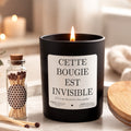 Bougie personnalisée « Cette bougie est invisible. Si tu la vois, alors pose-toi la bonne question ! » avec boîte noire – Atelier 430