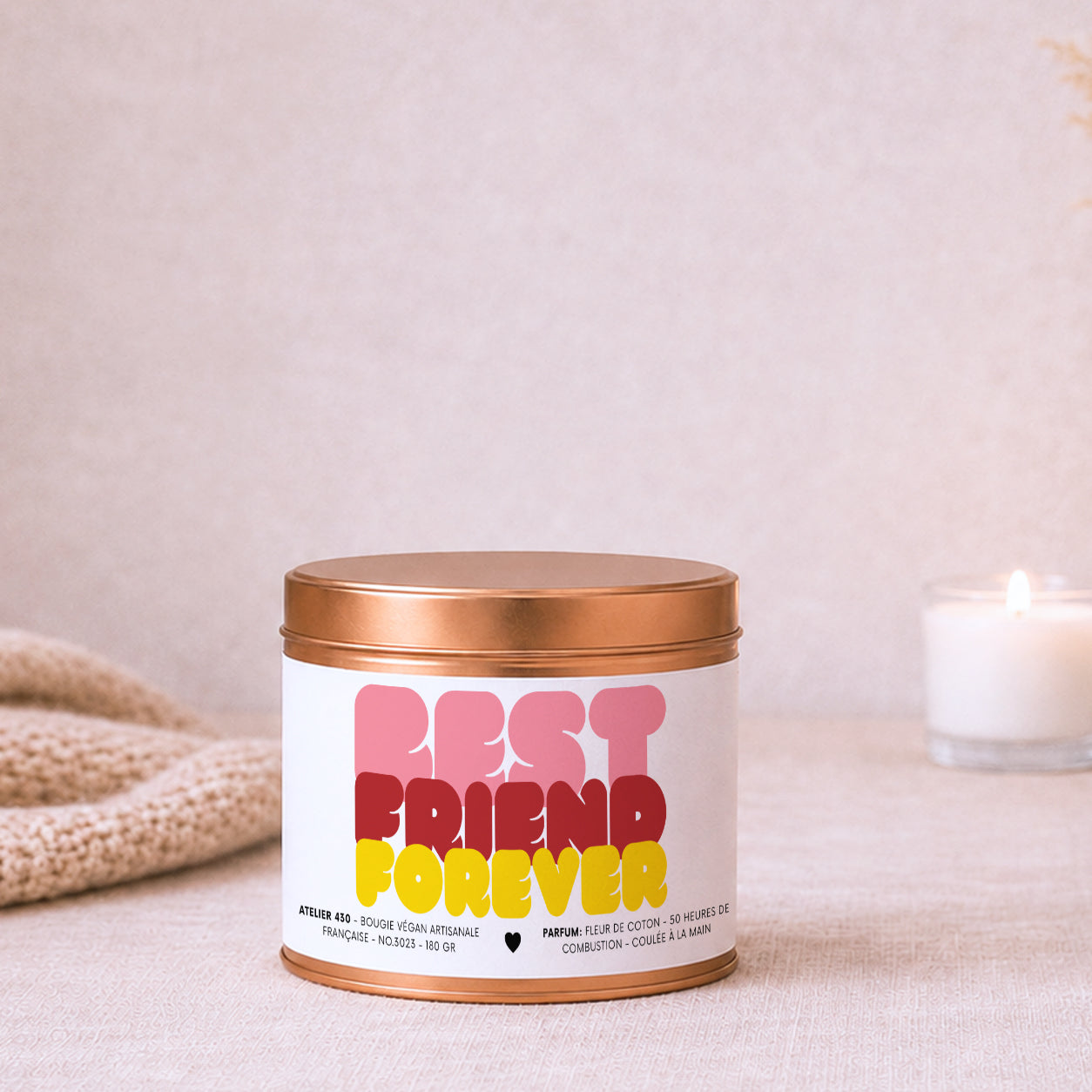 Bougie avec texte personnalisé « Best Friend Forever » avec boîte cuivrée – Atelier 430