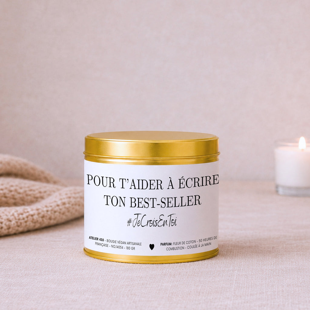 Bougie pour écrivain et auteur en herbe « Pour t’aider à écrire ton best-seller #JeCroisEnToi » avec boîte or – Atelier 430