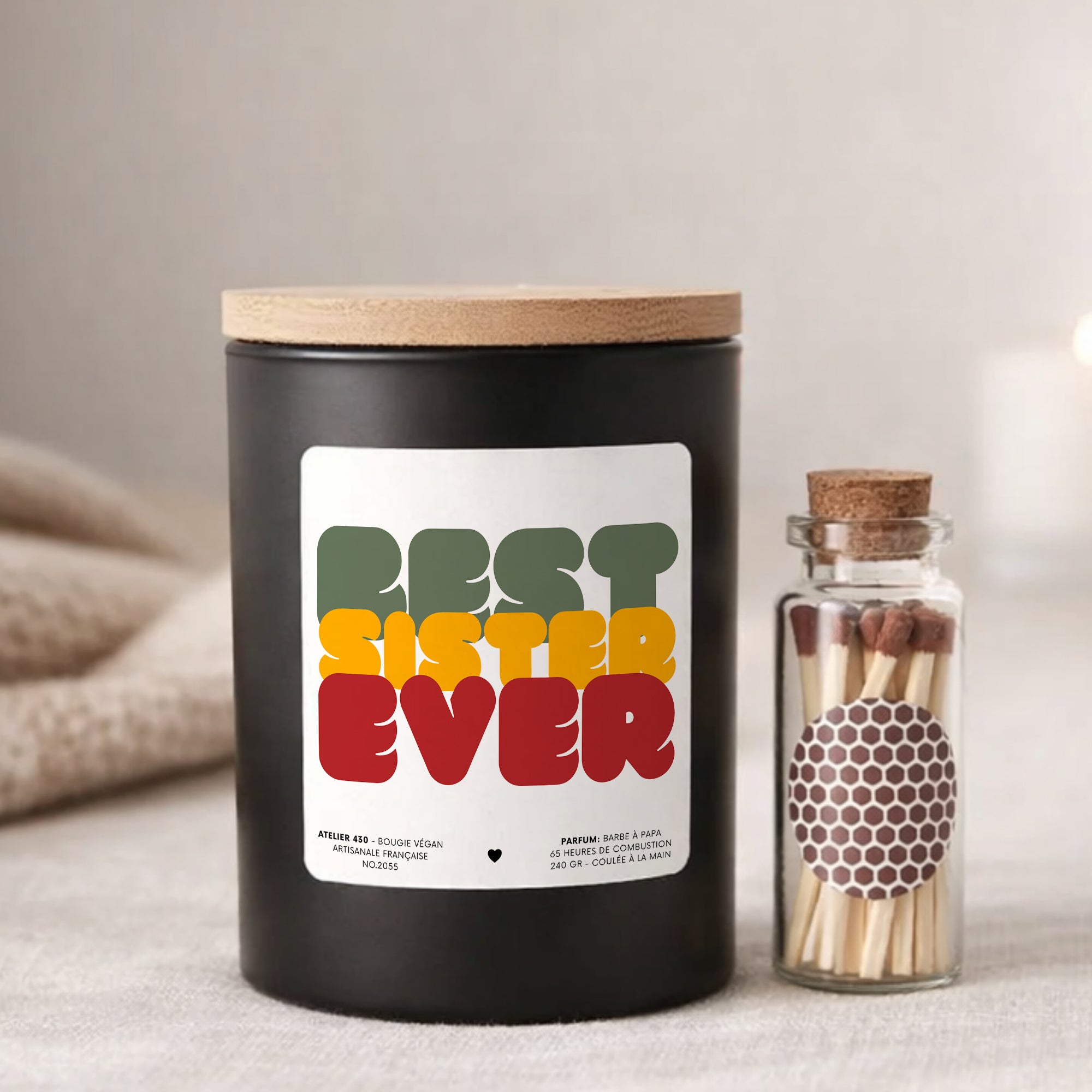 Bougie personnalisée « Best Sister Ever » avec boîte noire – Atelier 430