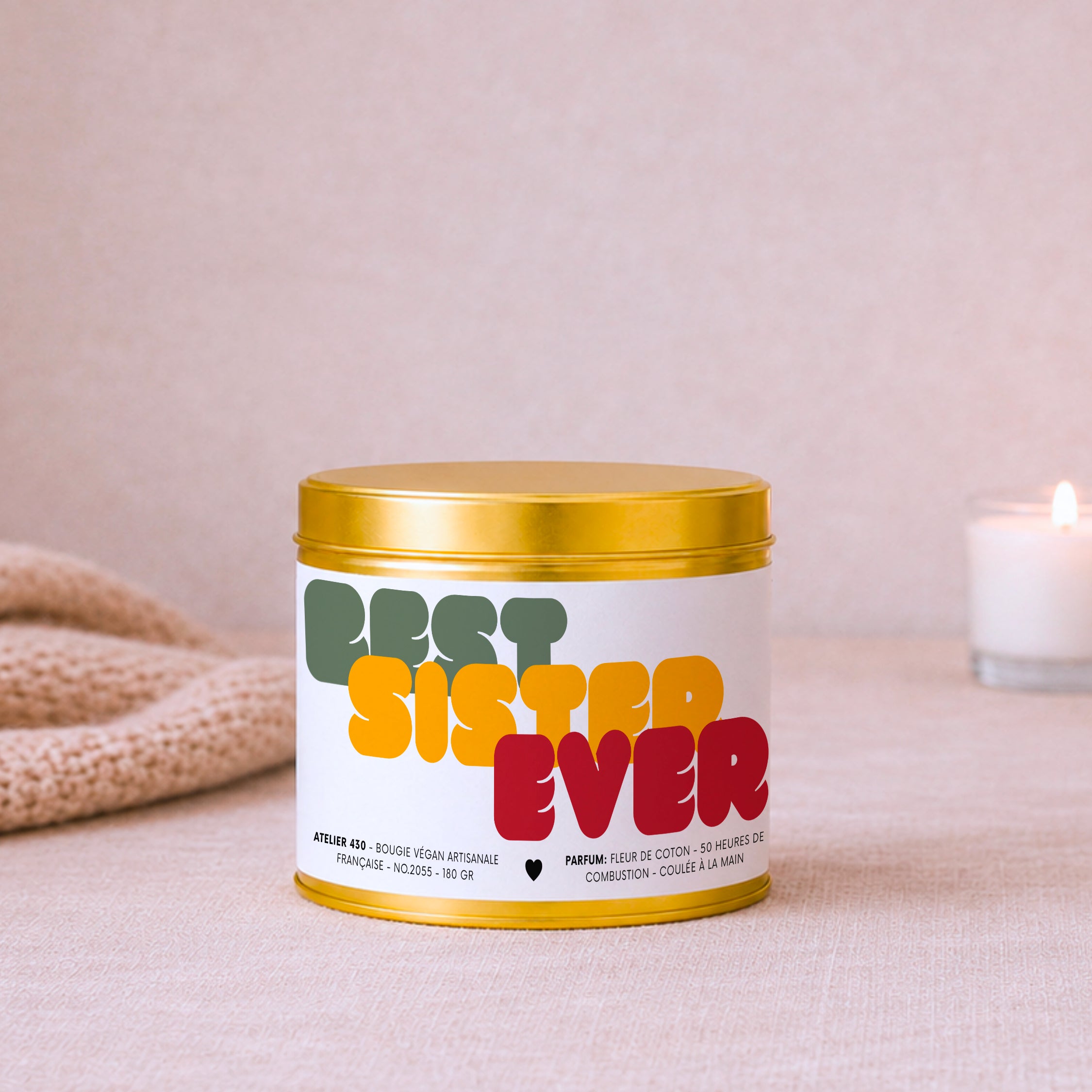 Bougie cadeau sœur « Best Sister Ever » avec boîte or – Atelier 430