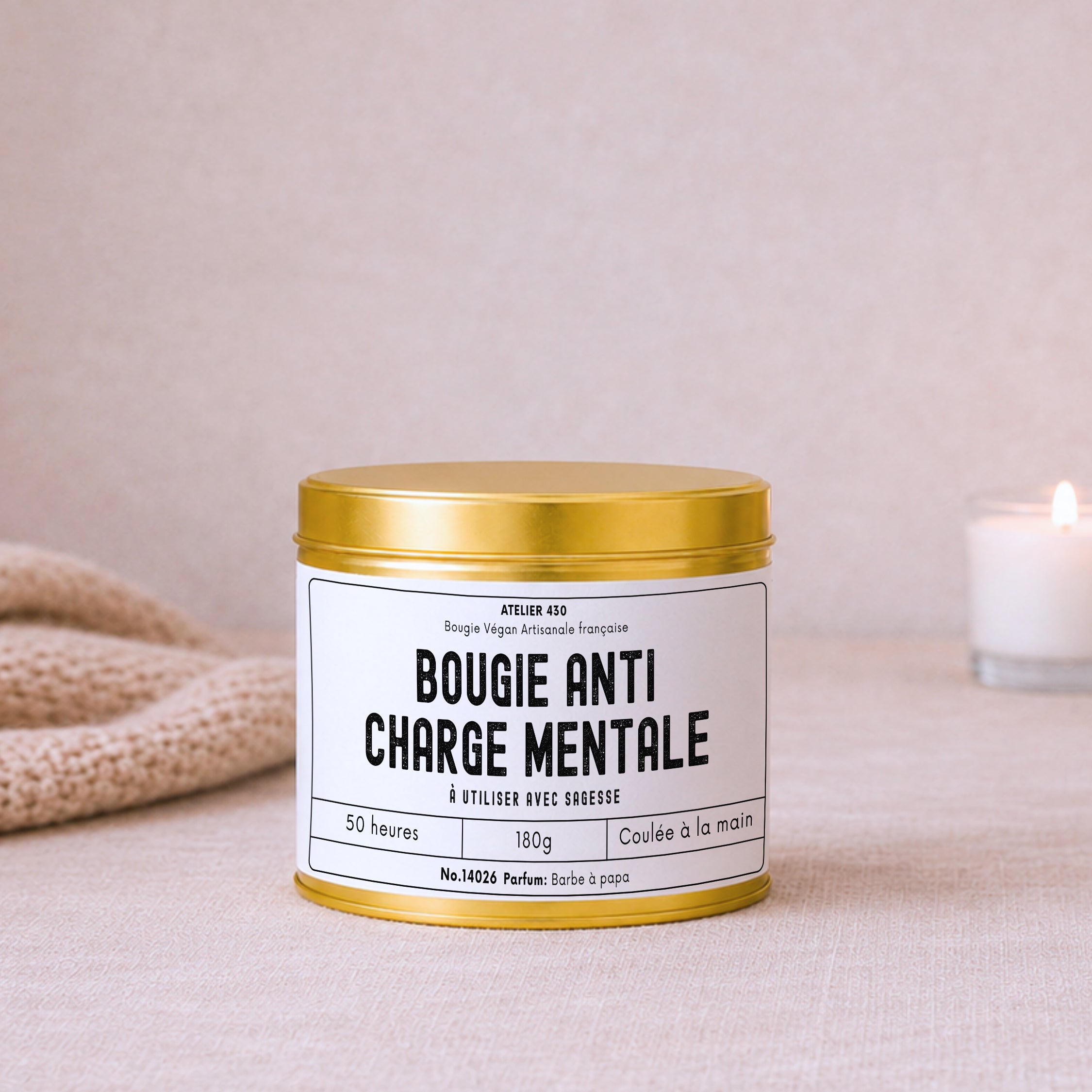 Bougie anti-stress et charge mentale avec texte personnalisé – Boîte or – Atelier 430