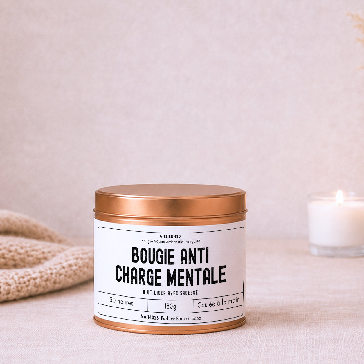 Bougie cadeau humoristique contre la charge mentale – Boîte cuivrée – Atelier 430
