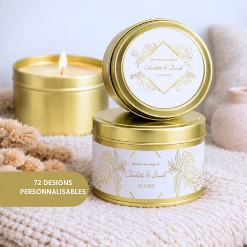 Bougie cadeau invité personnalisée dorée artisanale pour mariage, baptême, anniversaire, EVJF ou baby shower – Atelier 430