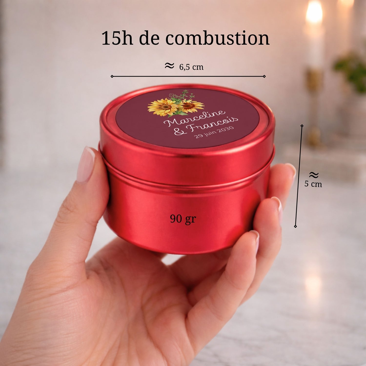 Petite bougie artisanale rouge personnalisée pour cadeaux invités de mariage, EVJF, baby shower et anniversaire – Atelier 430
