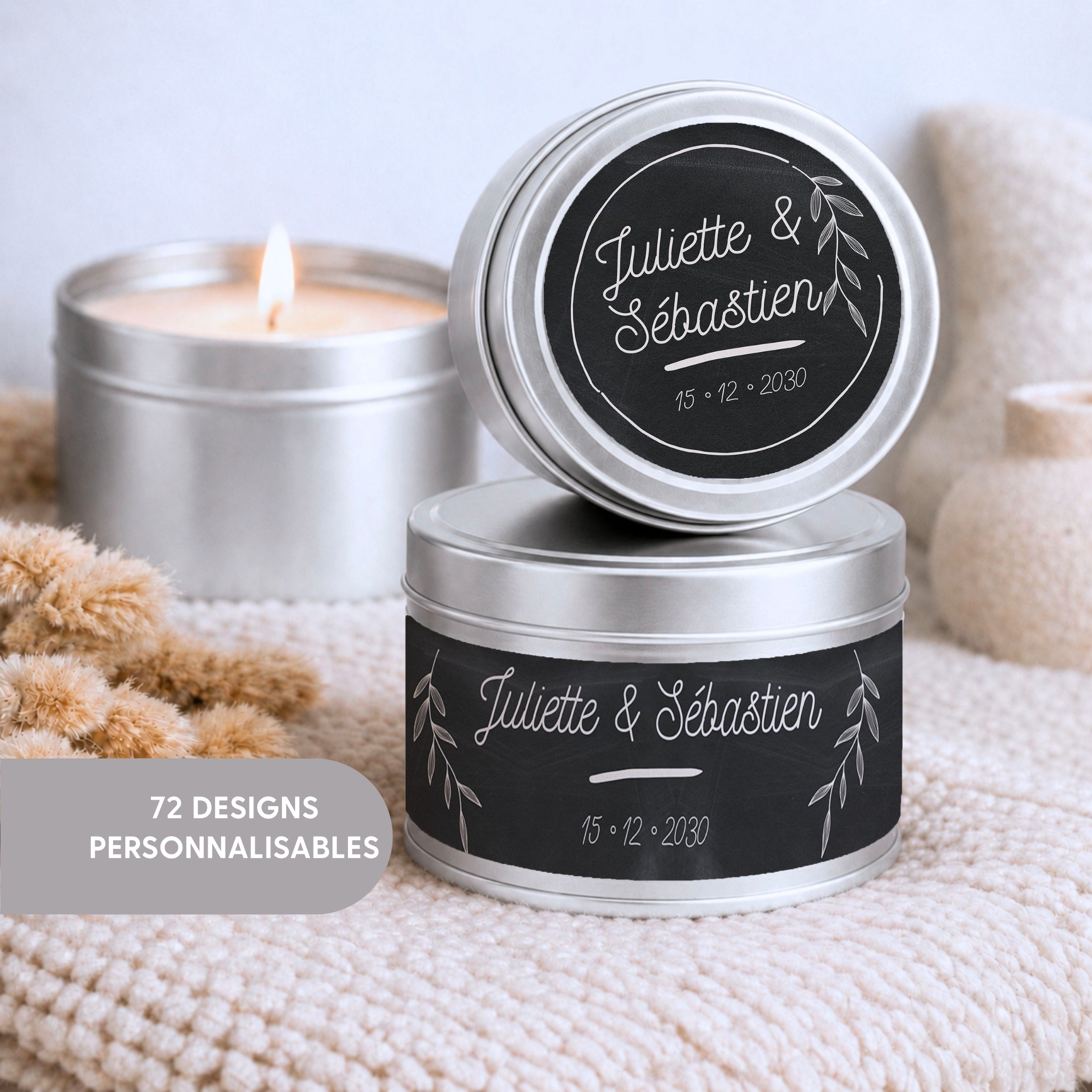 Bougie personnalisée argentée artisanale avec design élégant pour mariage, baptême, anniversaire ou fête – Atelier 430