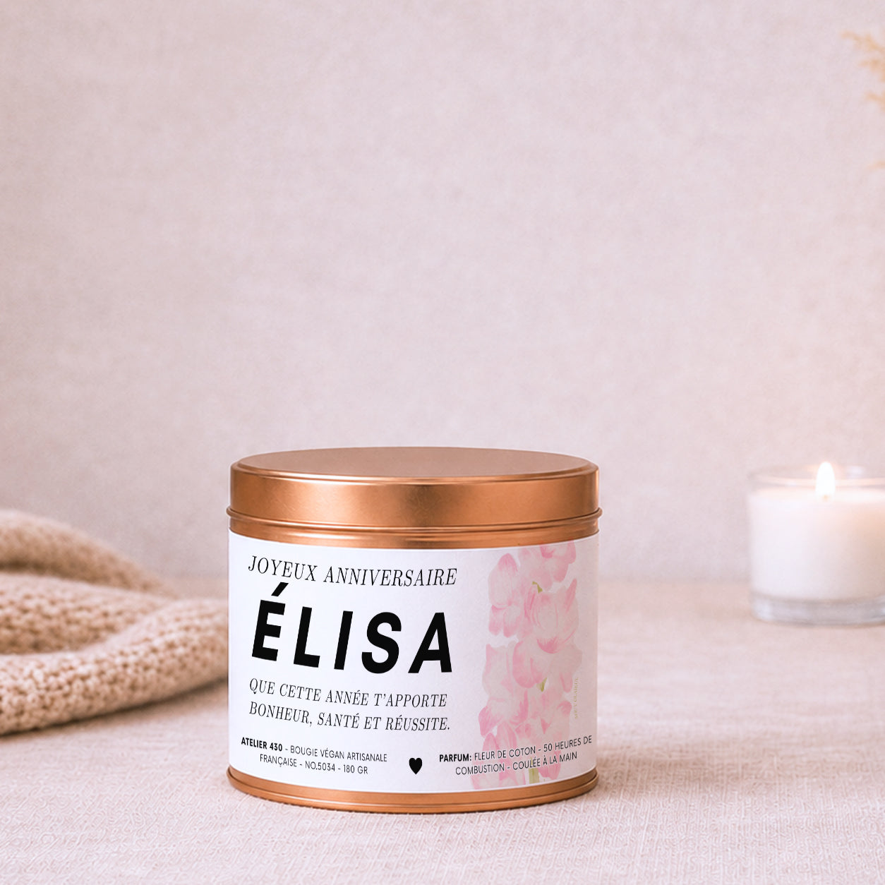 Bougie personnalisable avec Glaïeul, fleur du mois d'août, pour anniversaire – Boîte cuivrée – Atelier 430
