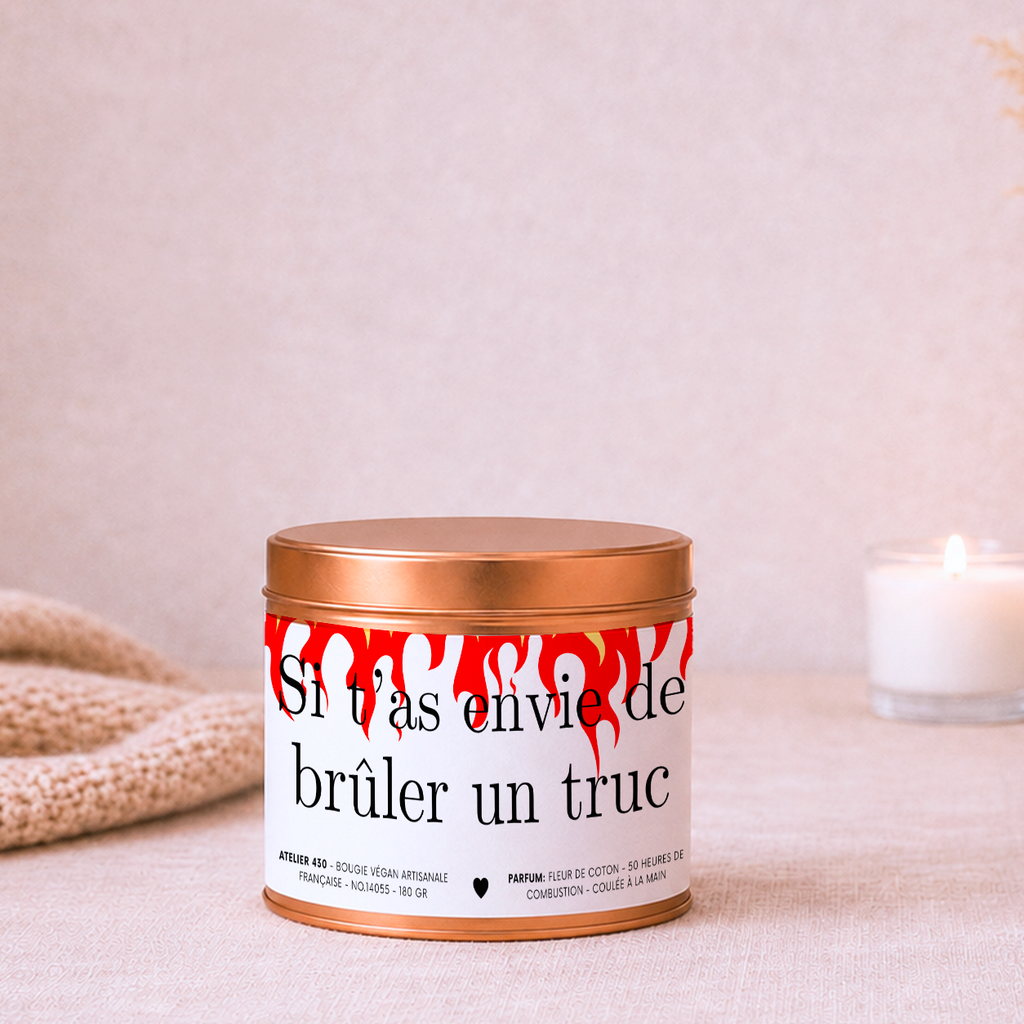 Bougie impertinente personnalisée « Si t’as envie de brûler un truc » avec boîte cuivrée – Atelier 430