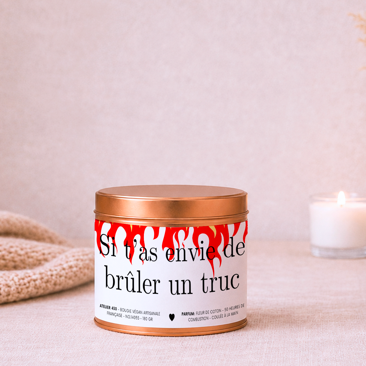 Bougie impertinente personnalisée « Si t’as envie de brûler un truc » avec boîte cuivrée – Atelier 430