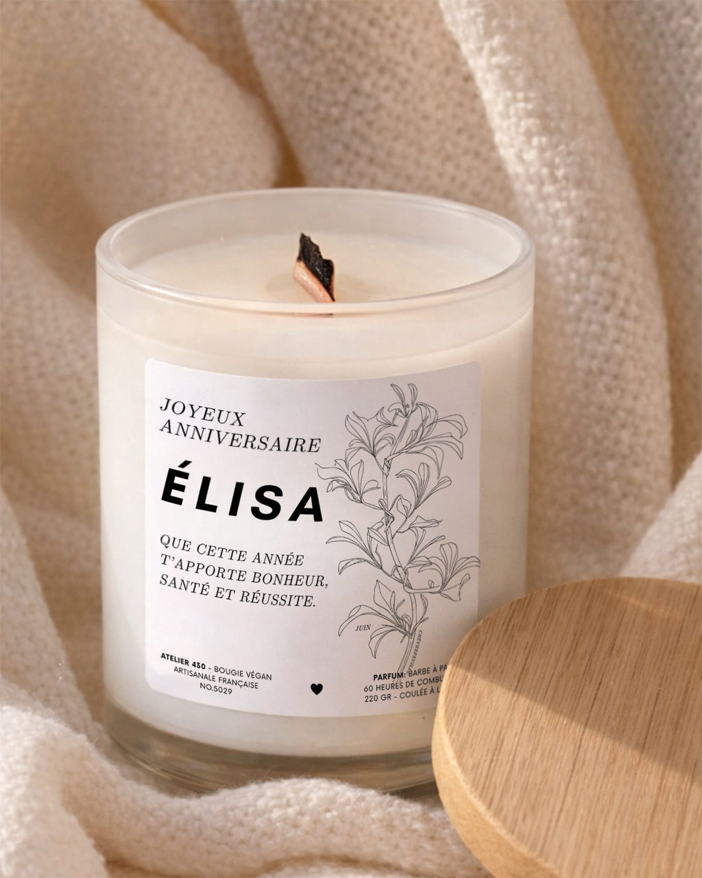 Bougie à message Joyeux anniversaire avec chèvrefeuille, fleur de naissance de juin – Boîte blanche – Atelier 430