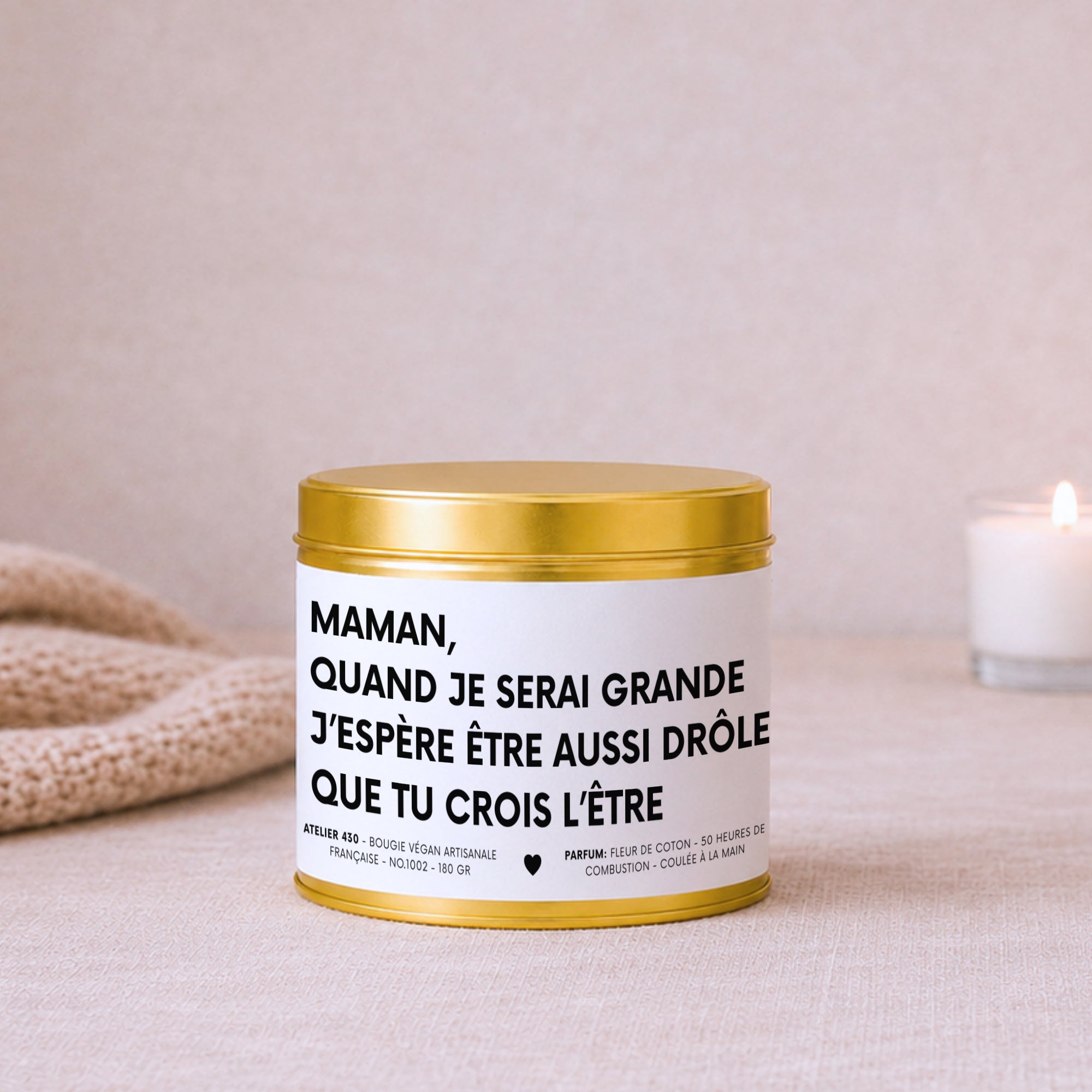 Bougie personnalisée drôle pour maman avec couvercle doré — Atelier 430