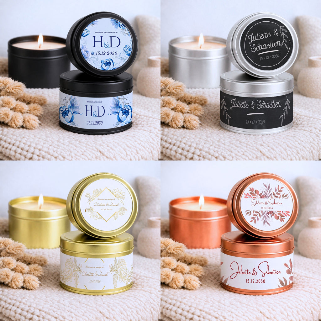 Bougies personnalisées artisanales avec contenants noir, cuivre, or, or rose et rouge pour mariage, baptême, anniversaire et événements, fête, EVJF – Atelier 430