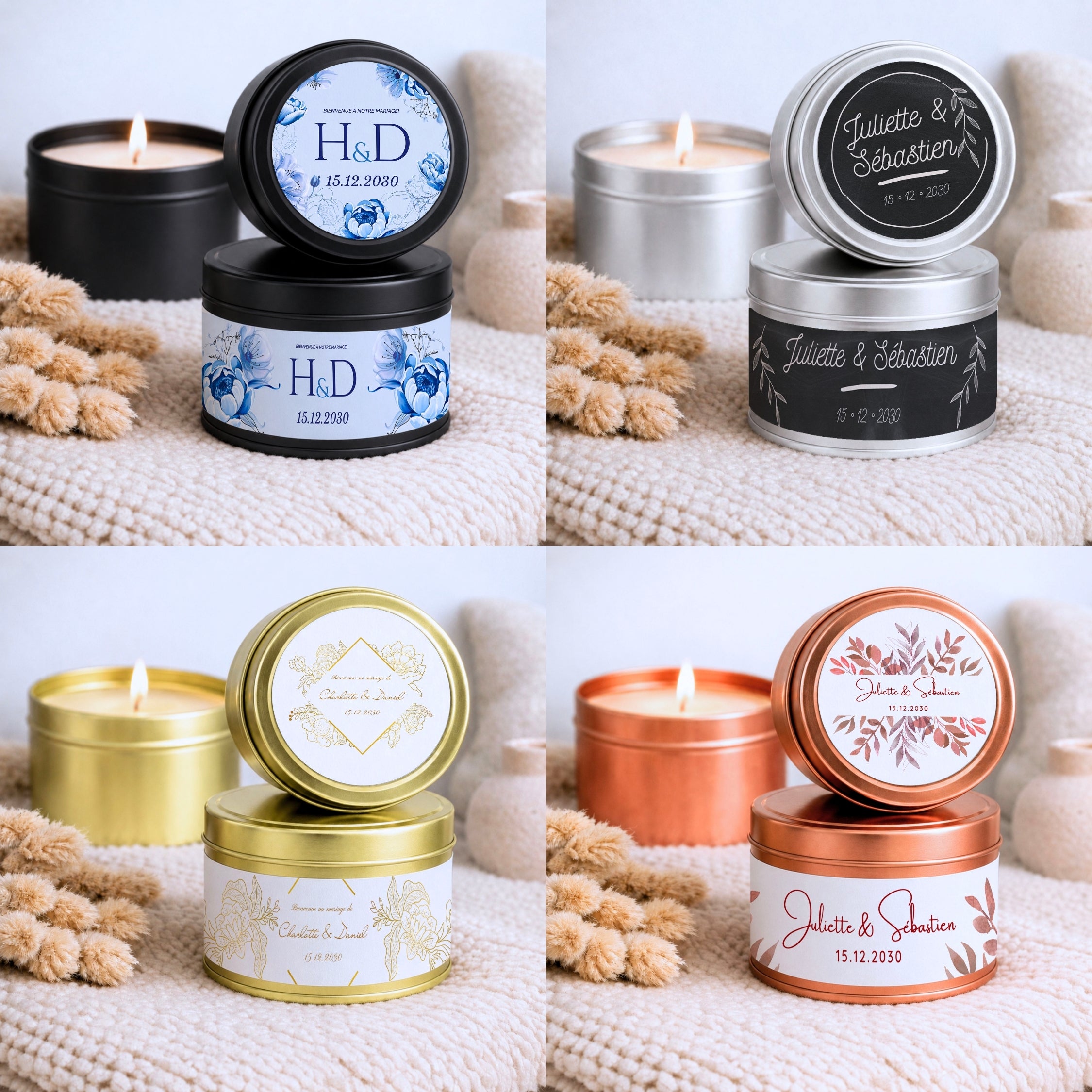 Bougies personnalisées artisanales avec contenants noir, cuivre, or, or rose et rouge pour mariage, baptême, anniversaire et événements, fête, EVJF – Atelier 430