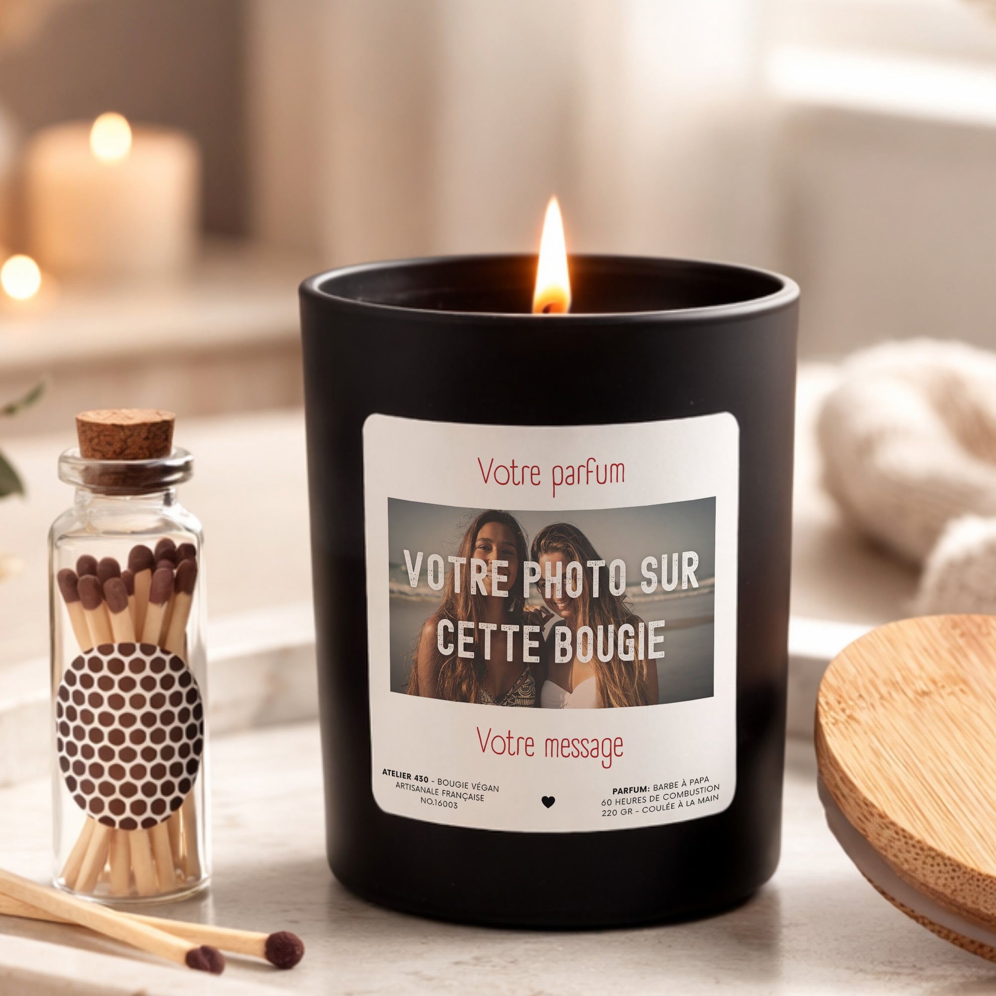 Bougie avec photo et message personnalisé Atelier 430 – design libre cire végétale coulée main France