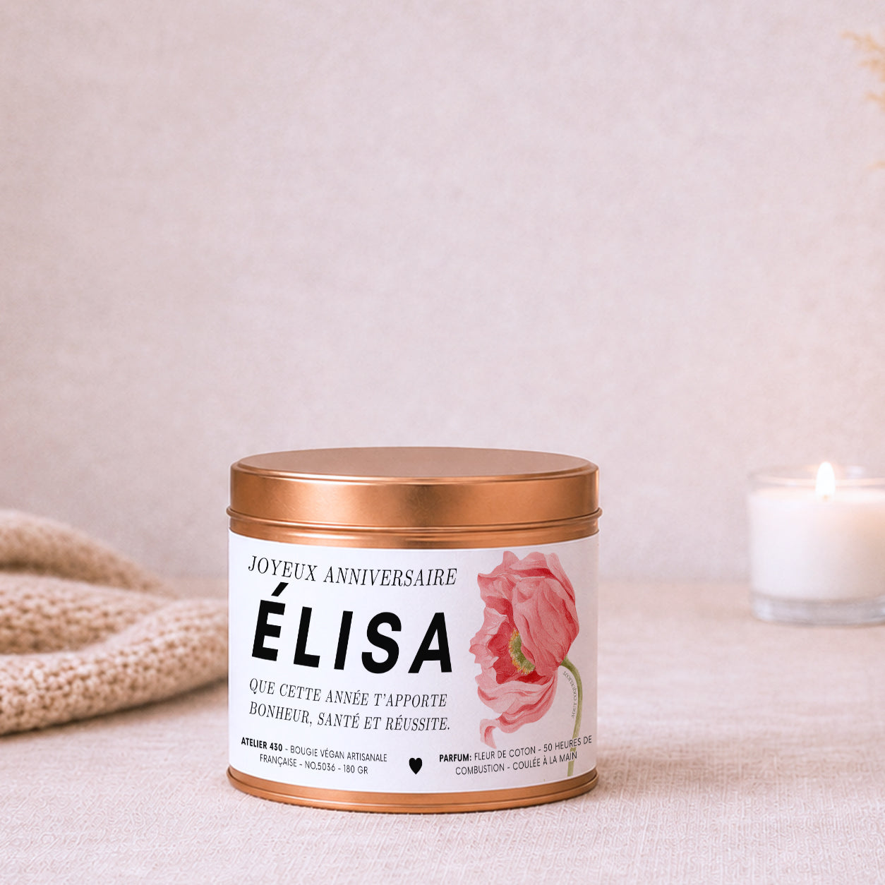 Bougie personnalisable anniversaire Glaïeul, fleur du mois d'août – Boîte cuivrée – Atelier 430
