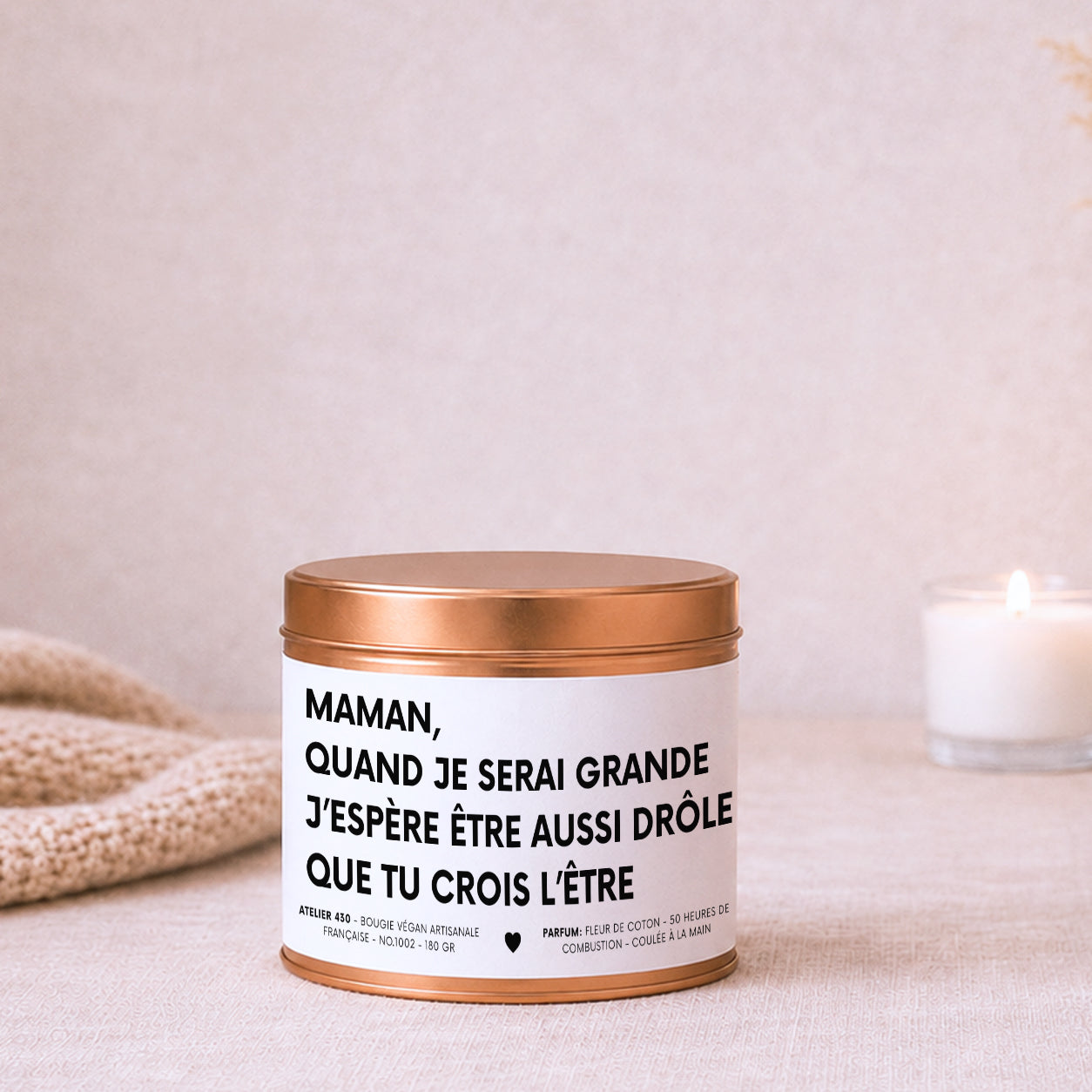 Bougie artisanale maman avec message drôle et couvercle cuivré — Atelier 430