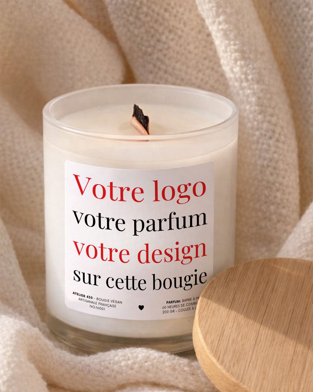 Bougie personnalisée pour marque avec logo, parfum et design sur mesure – Boîte blanche – Atelier 430