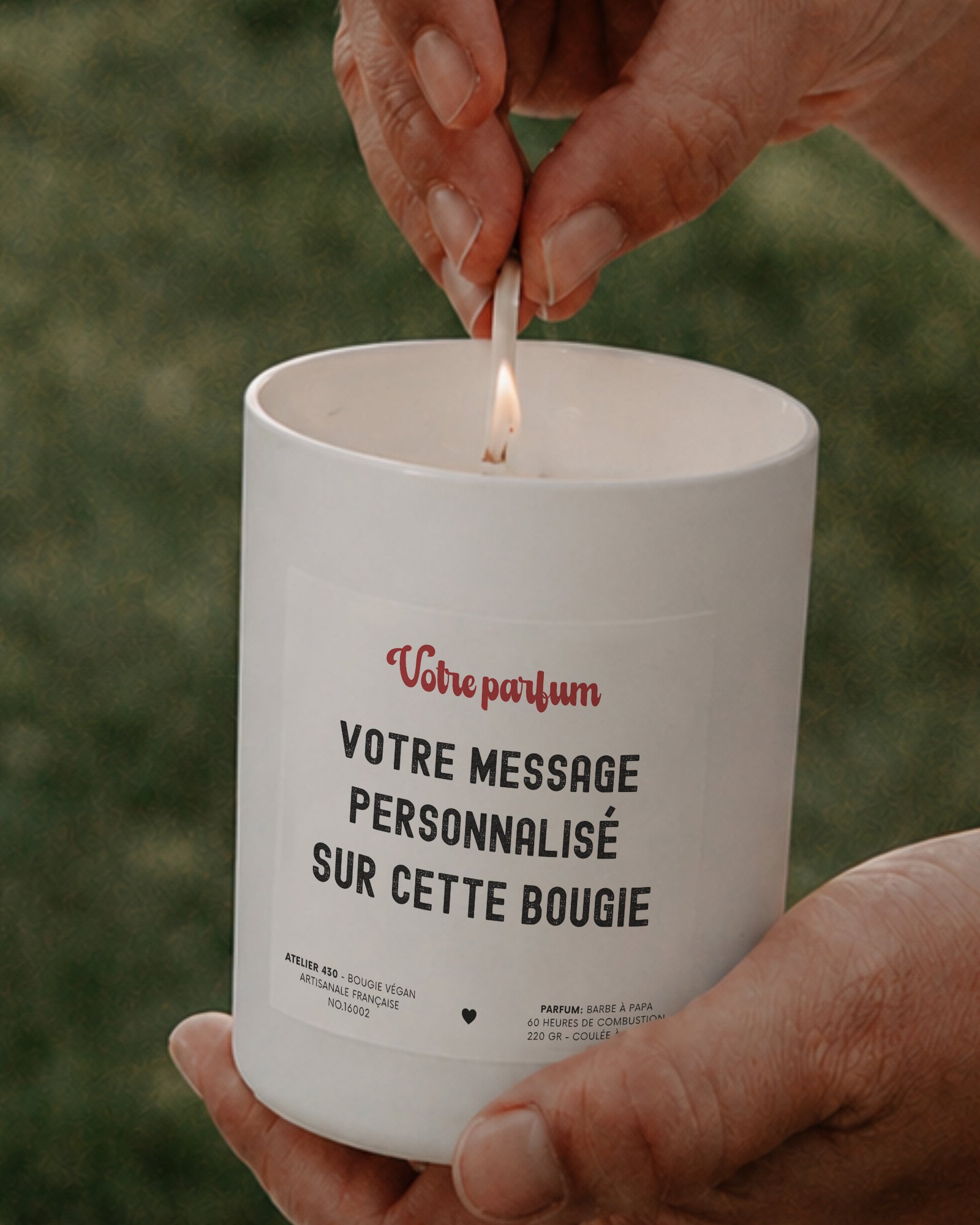  (main + allumette)Bougie personnalisée design libre Atelier 430 – votre message sur cire végétale, coulée main en France
