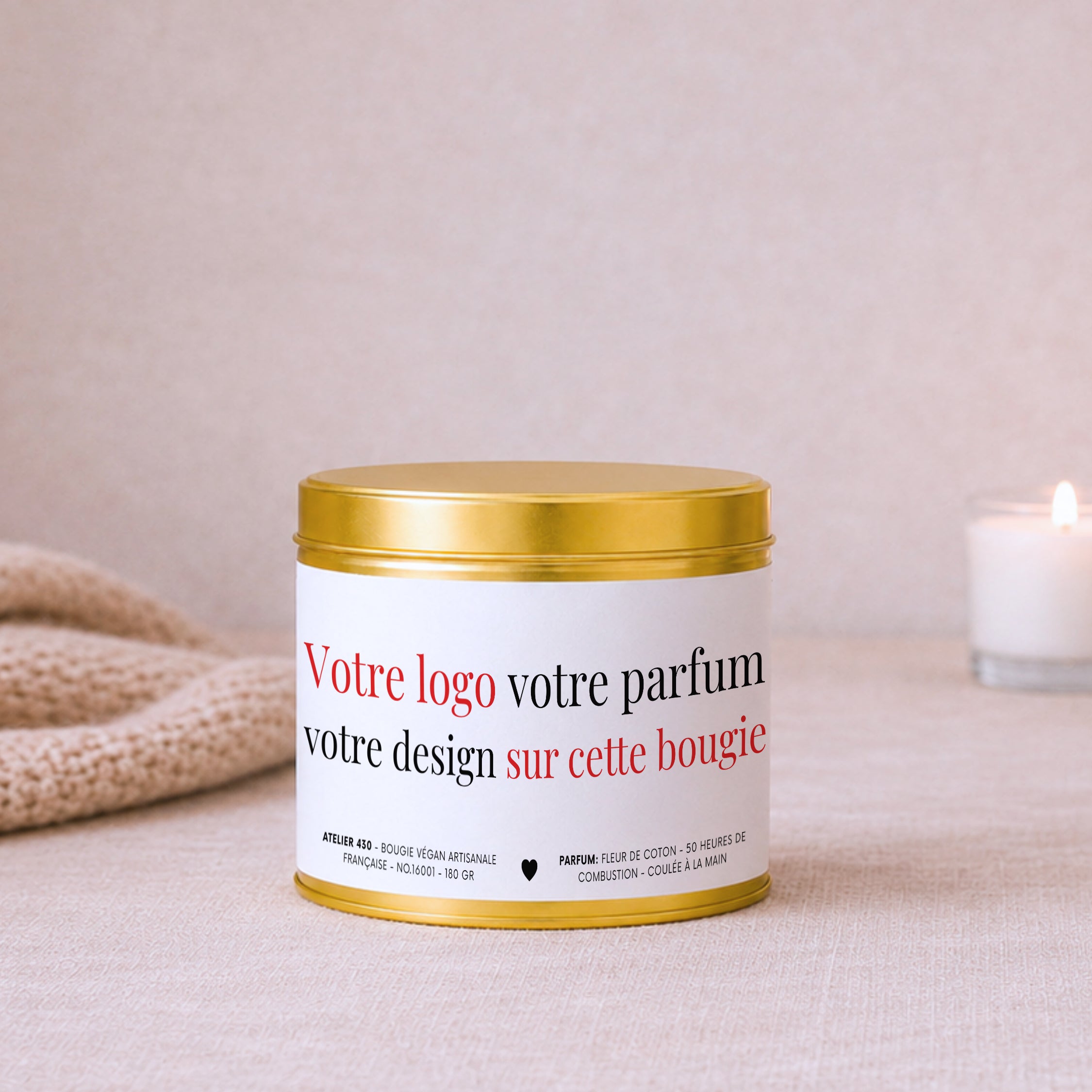 Bougie personnalisée pour créateurs, boutiques et entreprises avec logo et parfum – Boîte or – Atelier 430