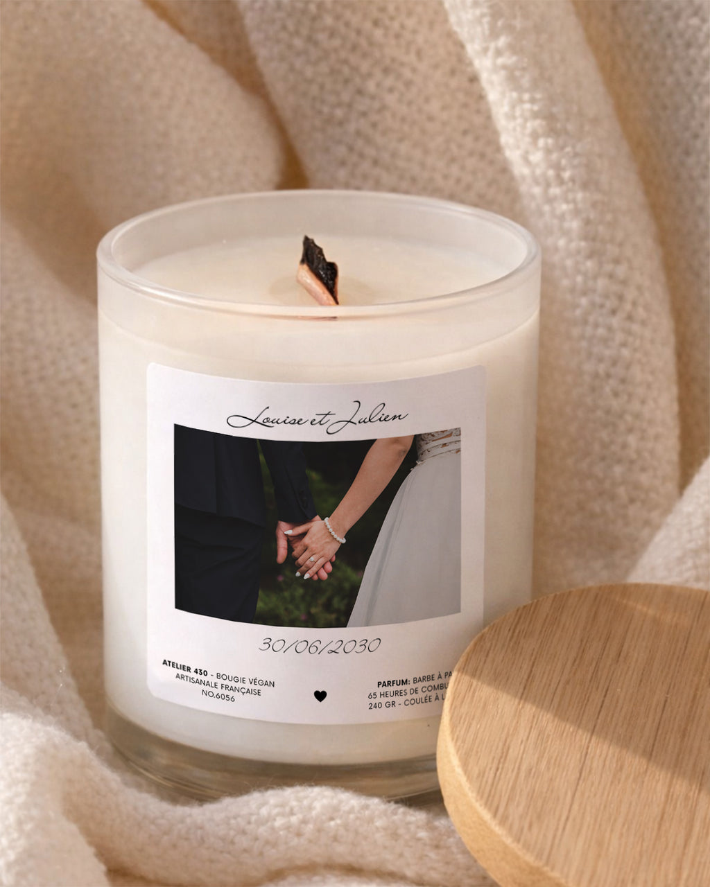 Bougie à message personnalisable avec prénom des mariés et date de mariage – Boîte blanche – Atelier 430
