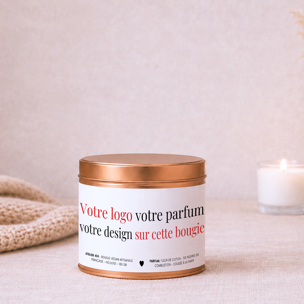Bougie sur mesure avec logo, design personnalisé et parfum de votre choix pour créateurs – Boîte cuivrée – Atelier 430