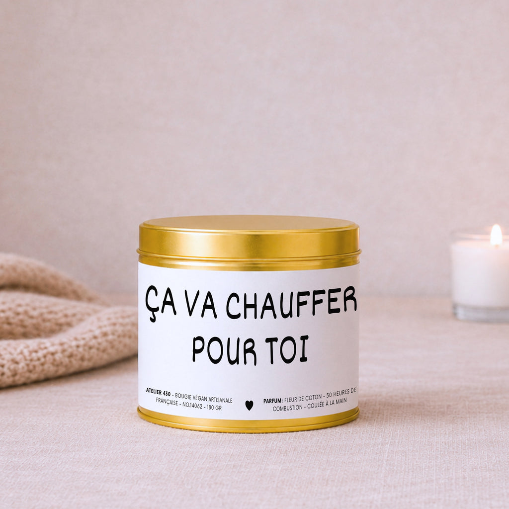 Bougie impertinente et décalée « Ça va chauffer pour toi » avec boîte or – Atelier 430