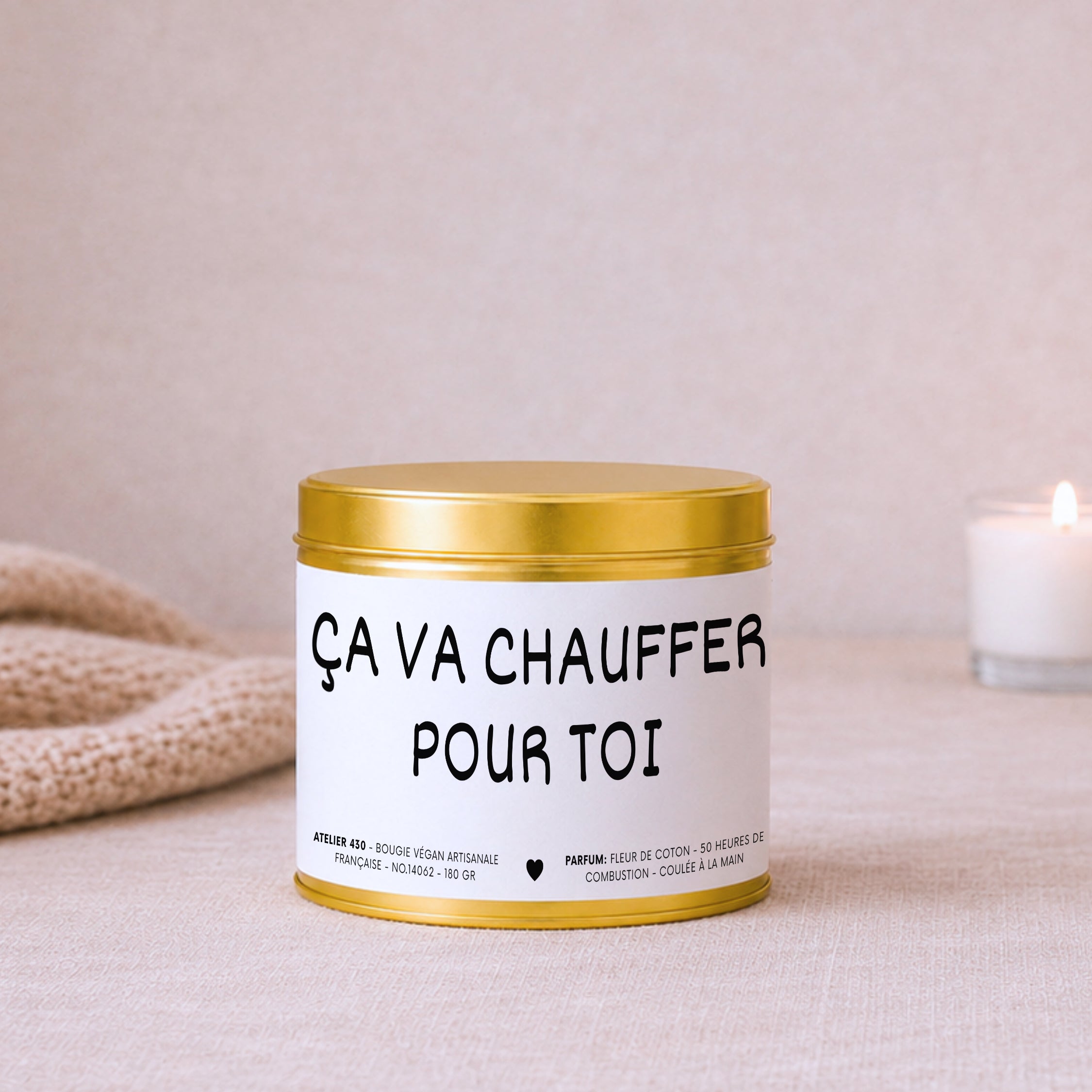 Bougie impertinente et décalée « Ça va chauffer pour toi » avec boîte or – Atelier 430