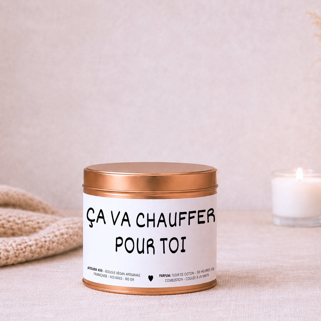 Bougie cadeau humoristique « Ça va chauffer pour toi » avec boîte cuivrée – Atelier 430