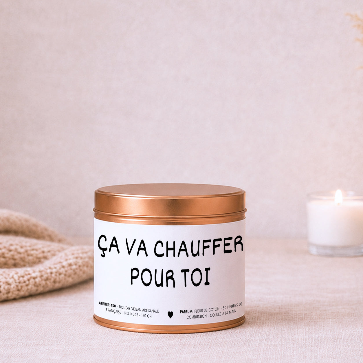 Bougie cadeau humoristique « Ça va chauffer pour toi » avec boîte cuivrée – Atelier 430