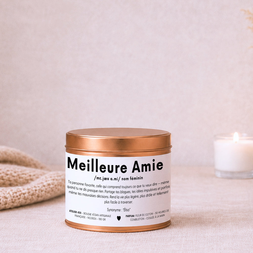 Bougie cadeau Meilleure Amie définition tendre personnalisée – Boîte cuivrée – Atelier 430