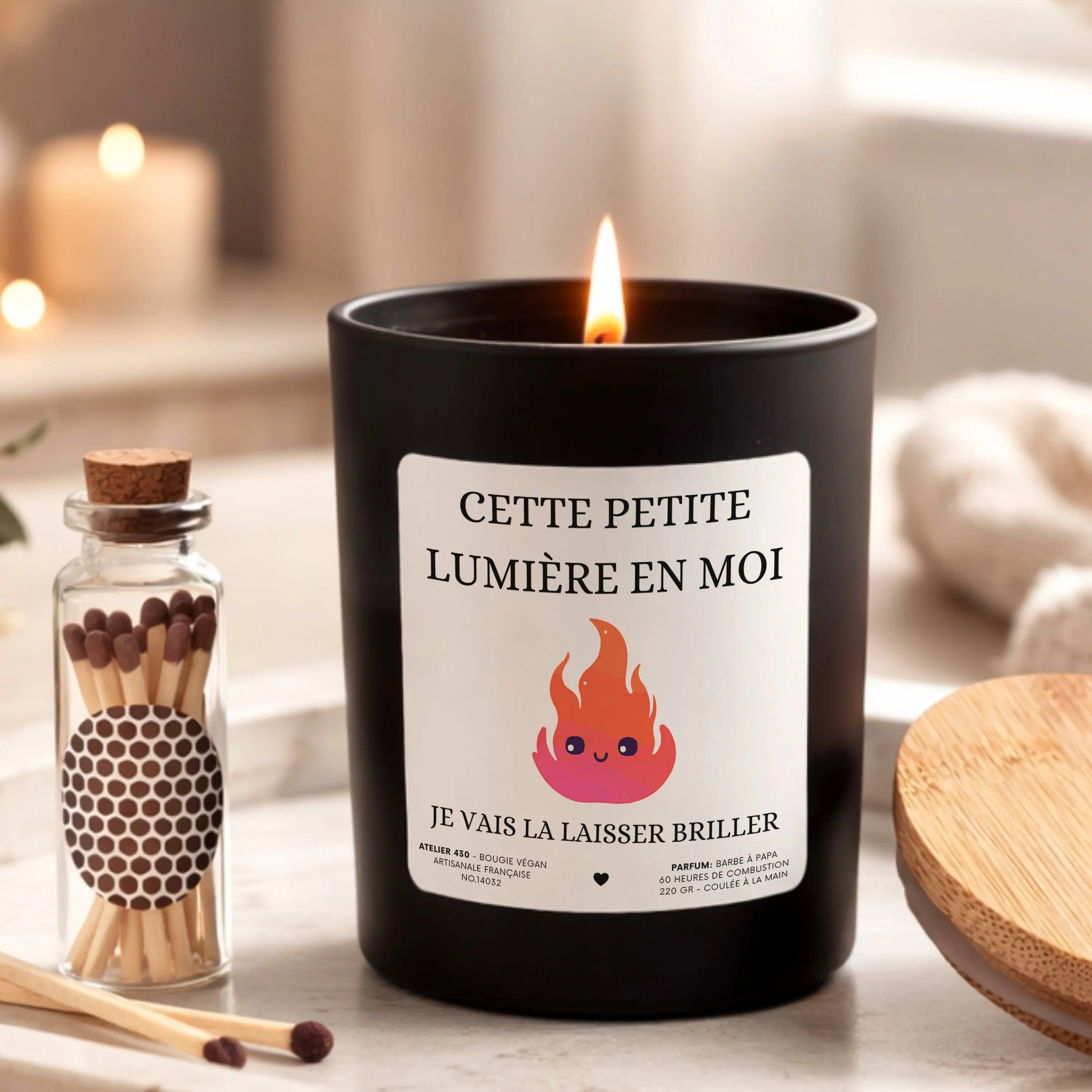 Bougie personnalisée « Cette petite lumière en moi, je vais la laisser briller » avec boîte noire – Atelier 430
