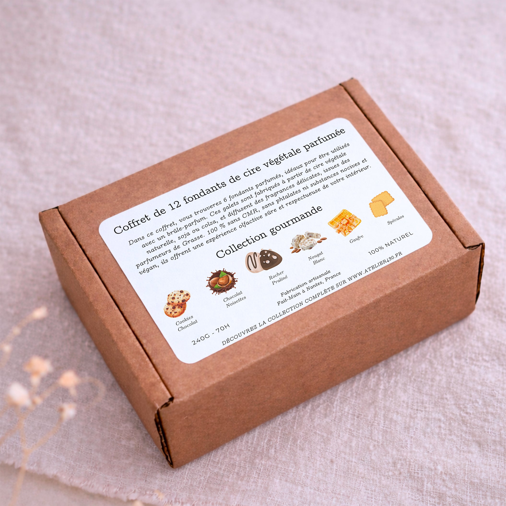 Coffret de 18 fondants parfumés artisanaux Atelier 430 collection sucrée avec cire végétale et parfums de Grasse