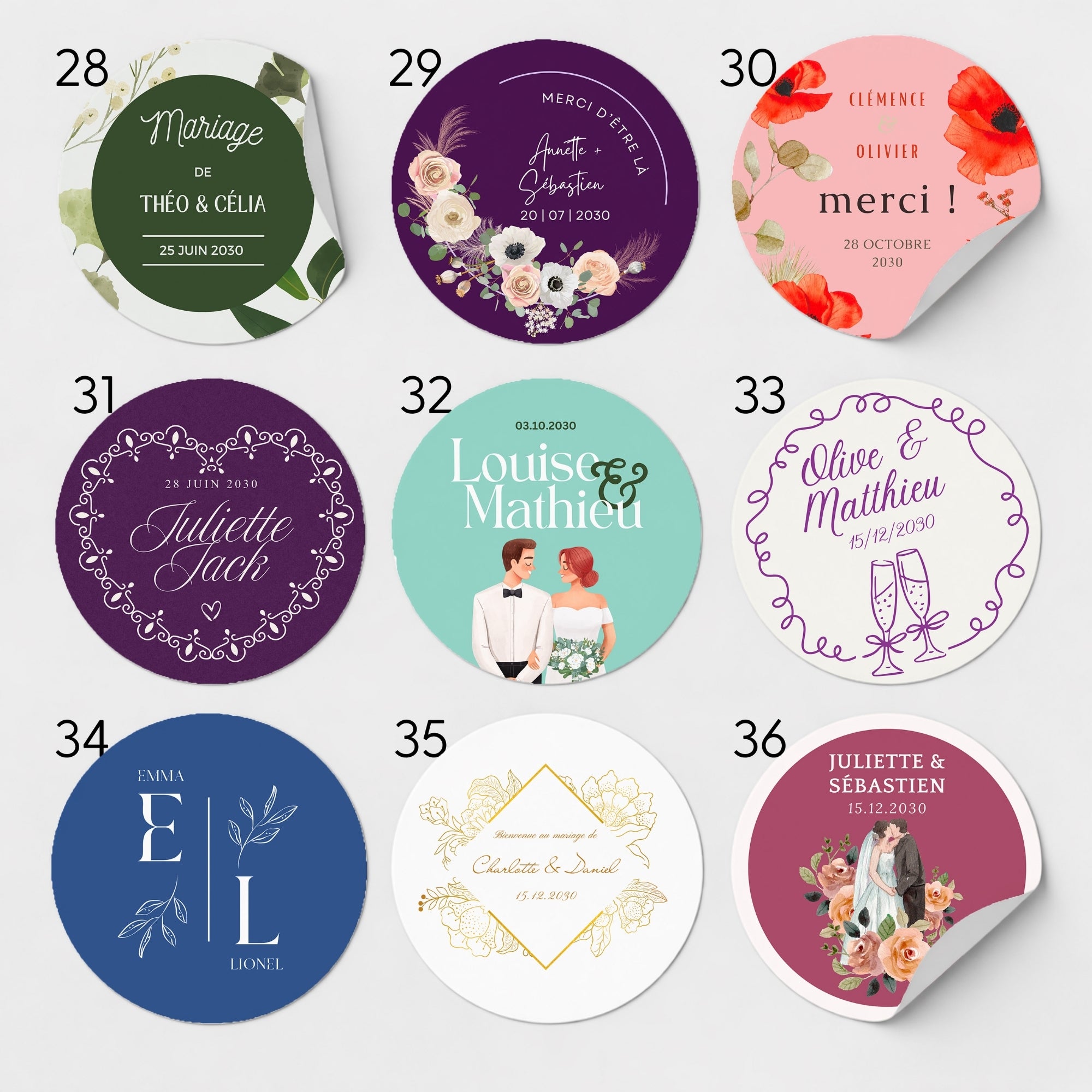Étiquettes colorées personnalisées Atelier 430 pour baby shower, EVJF et événements festifs