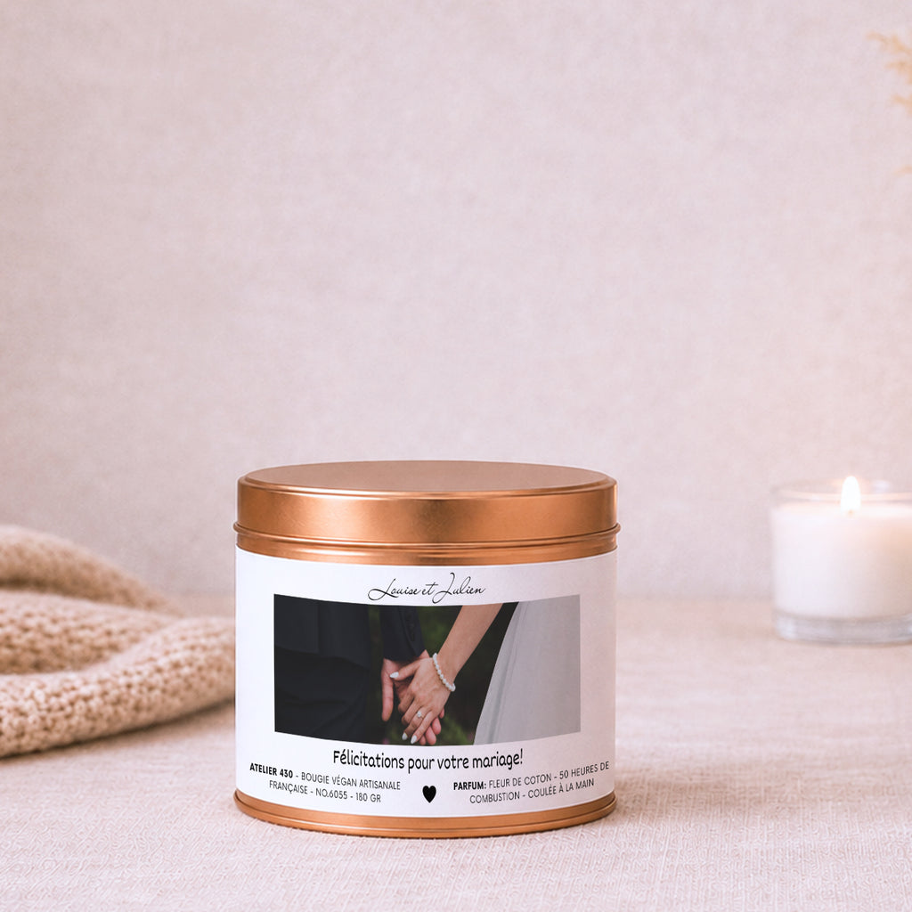 Bougie personnalisable « Félicitations pour votre mariage ! » avec boîte cuivrée – Atelier 430