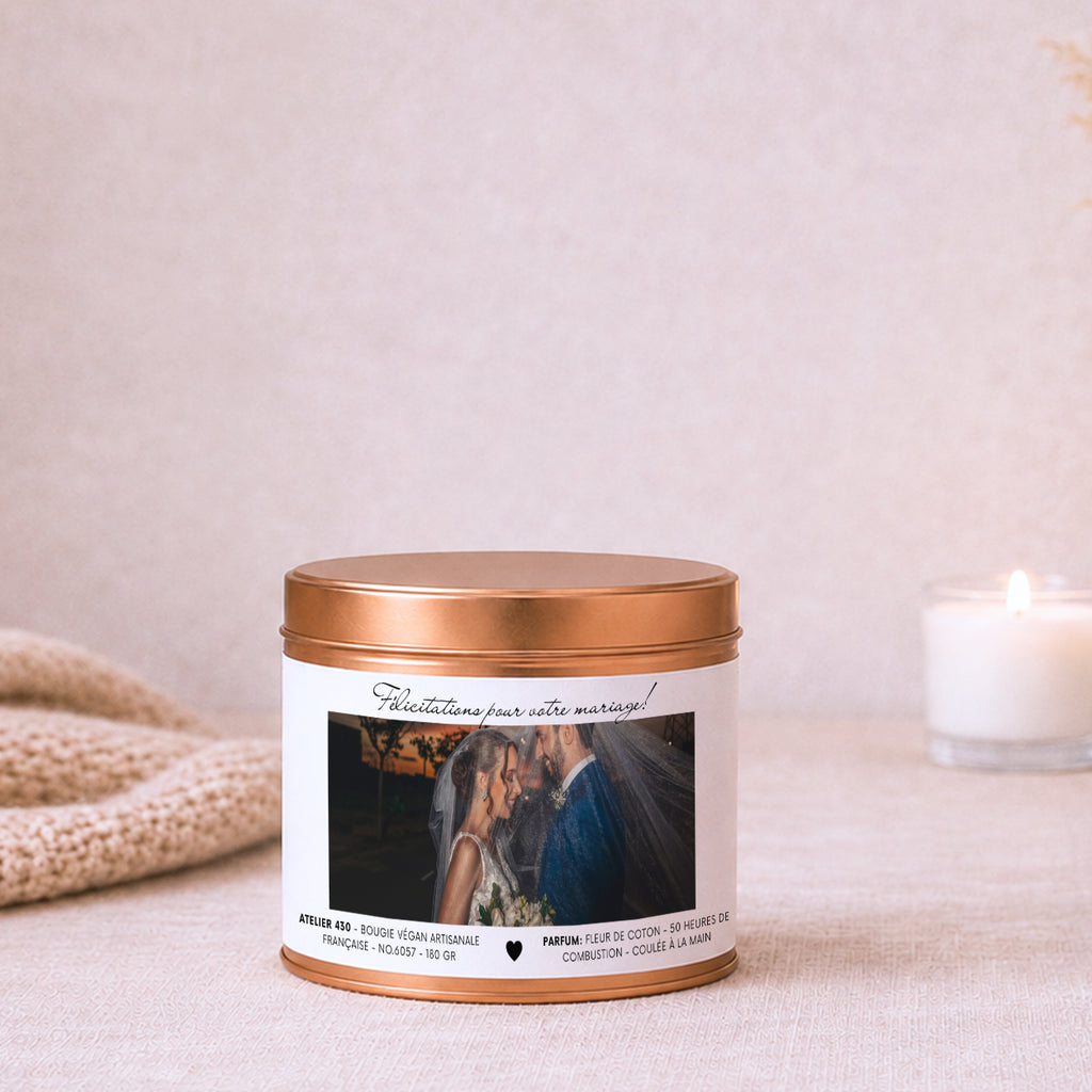 Bougie personnalisable pour mariés « Félicitations pour votre mariage ! » avec boîte cuivrée – Atelier 430