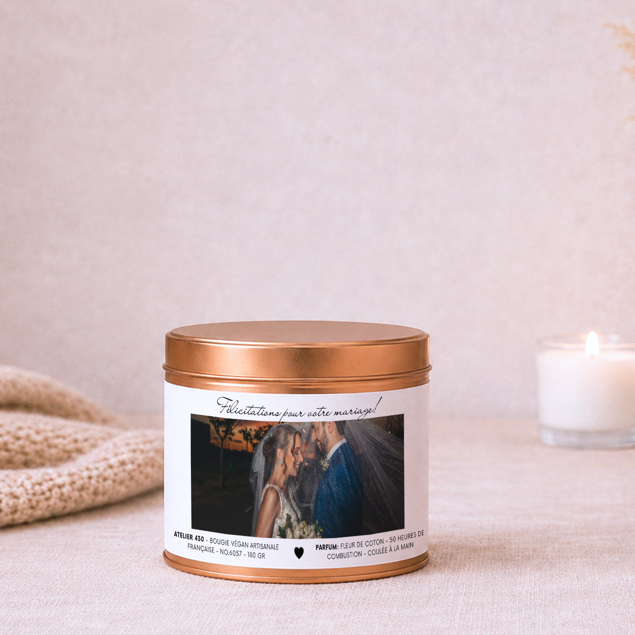 Bougie personnalisable pour mariés « Félicitations pour votre mariage ! » avec boîte cuivrée – Atelier 430