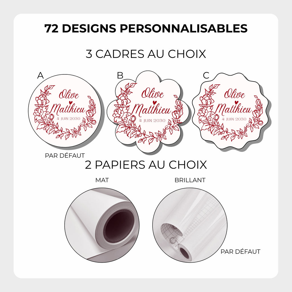 Choisissez parmi plusieurs formes d’étiquettes personnalisées pour tous vos événements Options papier mat ou brillant pour vos étiquettes personnalisées Atelier 430 fabriquées artisanalement