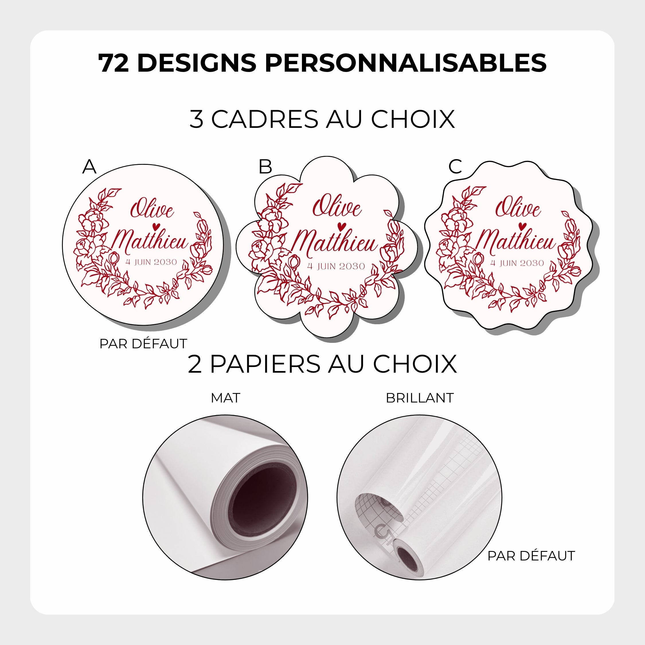 Choisissez parmi plusieurs formes d’étiquettes personnalisées pour tous vos événements Options papier mat ou brillant pour vos étiquettes personnalisées Atelier 430 fabriquées artisanalement