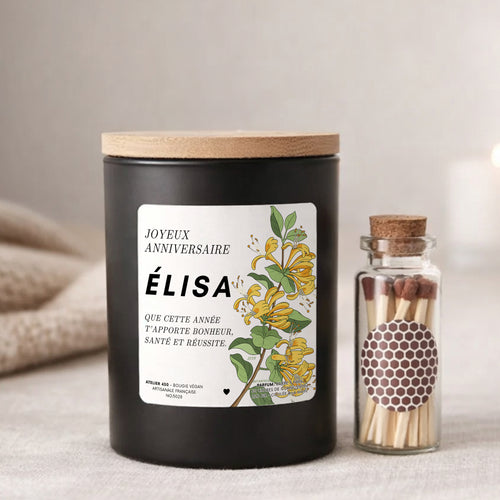 Bougie personnalisée Joyeux anniversaire avec chèvrefeuille, fleur de naissance de juin – Boîte noire – Atelier 430