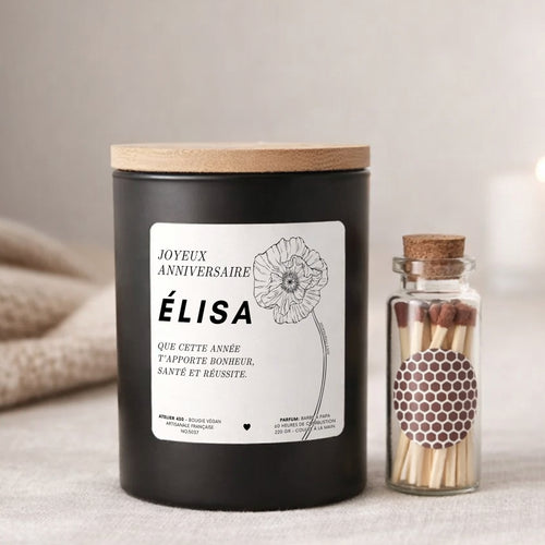 Bougie personnalisée Joyeux anniversaire avec Coquelicot, fleur de naissance d'août – Boîte noire – Atelier 430