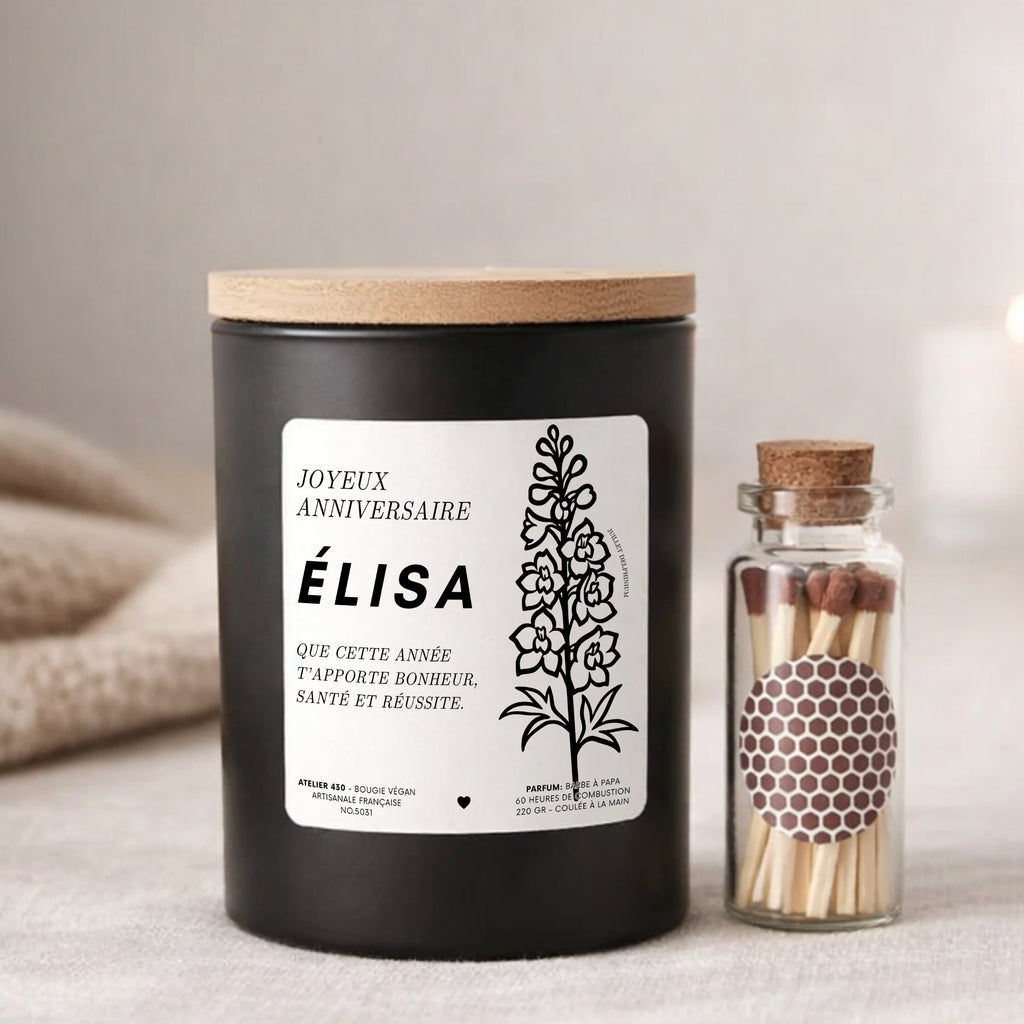 Bougie personnalisée Joyeux anniversaire avec fleur de naissance Delphinium de juillet – Boîte noire – Atelier 430