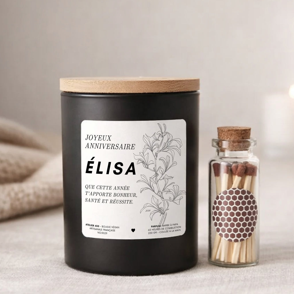 Bougie personnalisée Joyeux anniversaire avec fleur de naissance Chèvrefeuille de juin – Boîte noire – Atelier 430