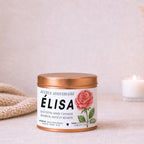 Bougie personnalisable « Joyeux anniversaire » avec Rose, fleur de naissance de Juin – Boîte cuivrée – Atelier 430