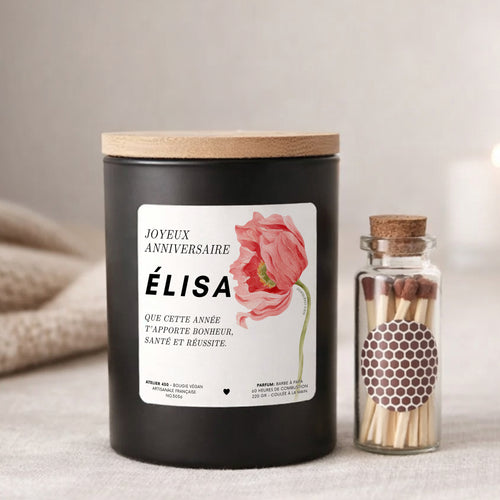 Bougie personnalisée Joyeux anniversaire avec fleur de naissance Glaïeul d'août – Boîte noire – Atelier 430