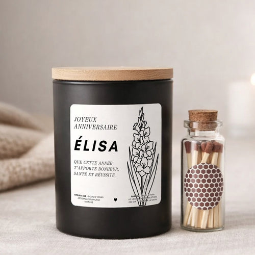 Bougie personnalisée Joyeux anniversaire avec Glaïeul, fleur de naissance d'août – Boîte noire – Atelier 430