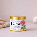 Bougie cadeau anniversaire personnalisée avec Rose, fleur de naissance de Juin – Boîte or – Atelier 430
